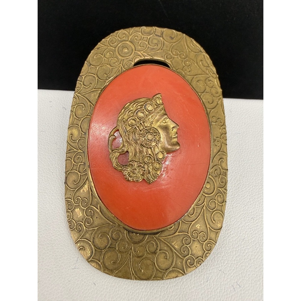 Vintage Cameo Brooch Gold Tone Man Orange  Large